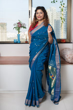 Load image into Gallery viewer, Cotton Paithani Saree with Peacock-Parrot Pallu- Teal Blue
