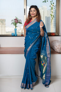 Cotton Paithani Saree with Peacock-Parrot Pallu- Teal Blue