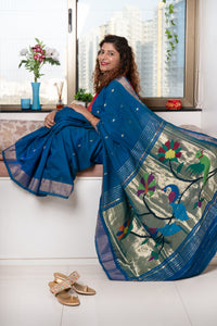 Cotton Paithani Saree with Peacock-Parrot Pallu- Teal Blue