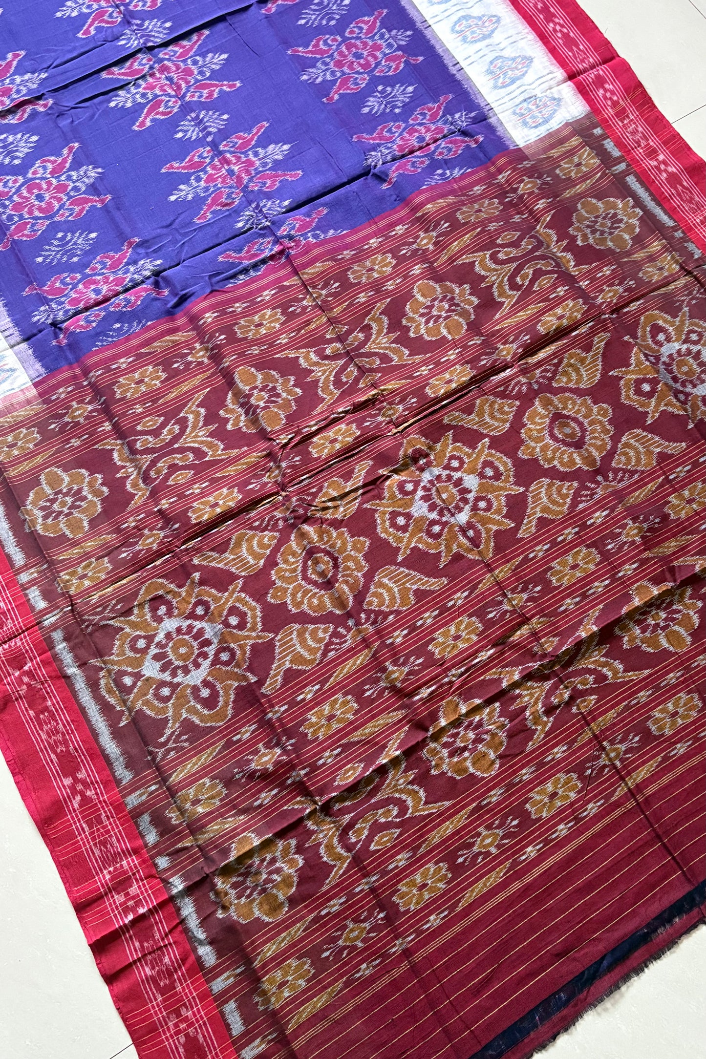 Odisha Ikkat Khandua Cotton Saree - Dual Tone Purple with White and Red