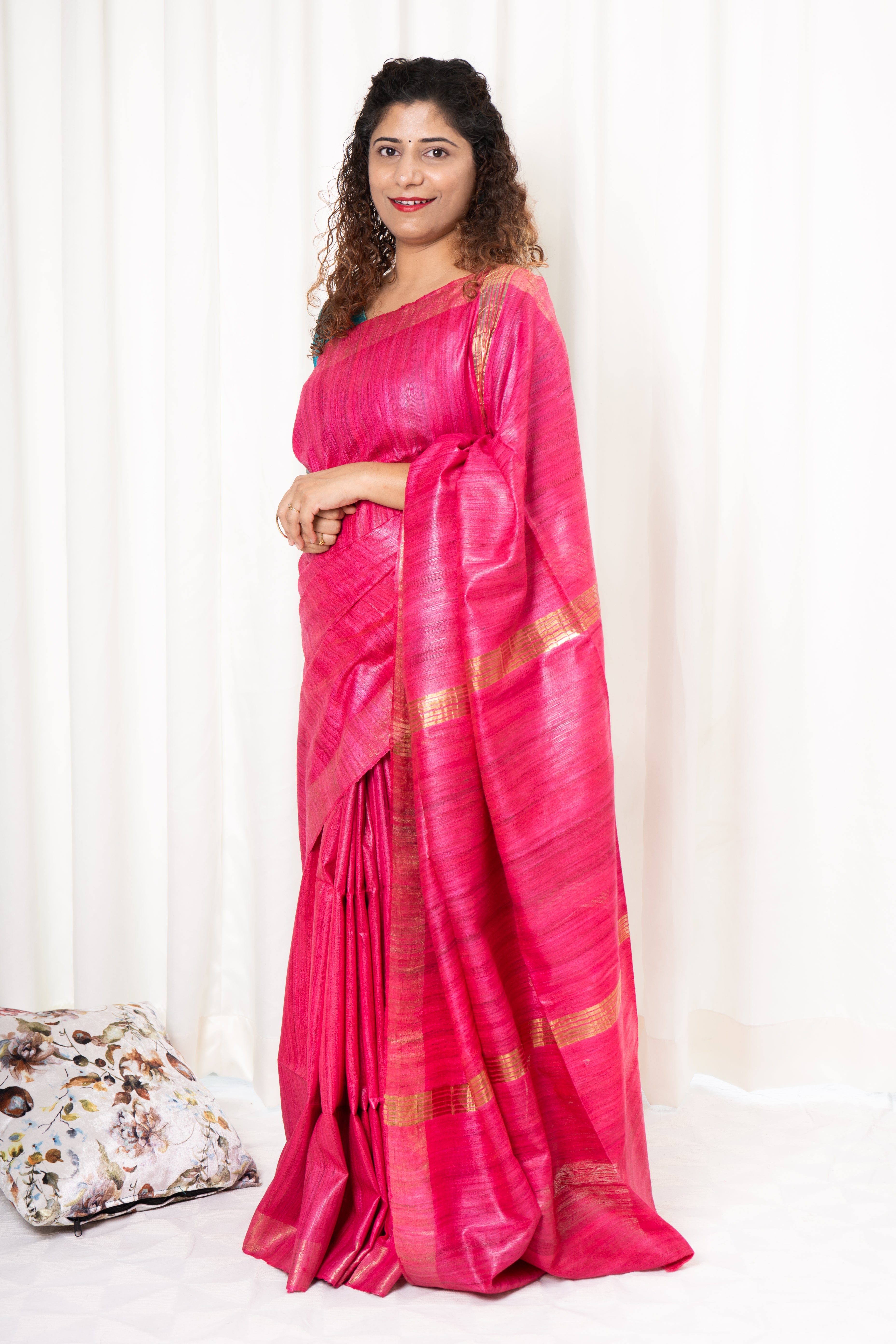 Pure Ghichha Tussar Silk With Zari Border- Fuchsia Pink