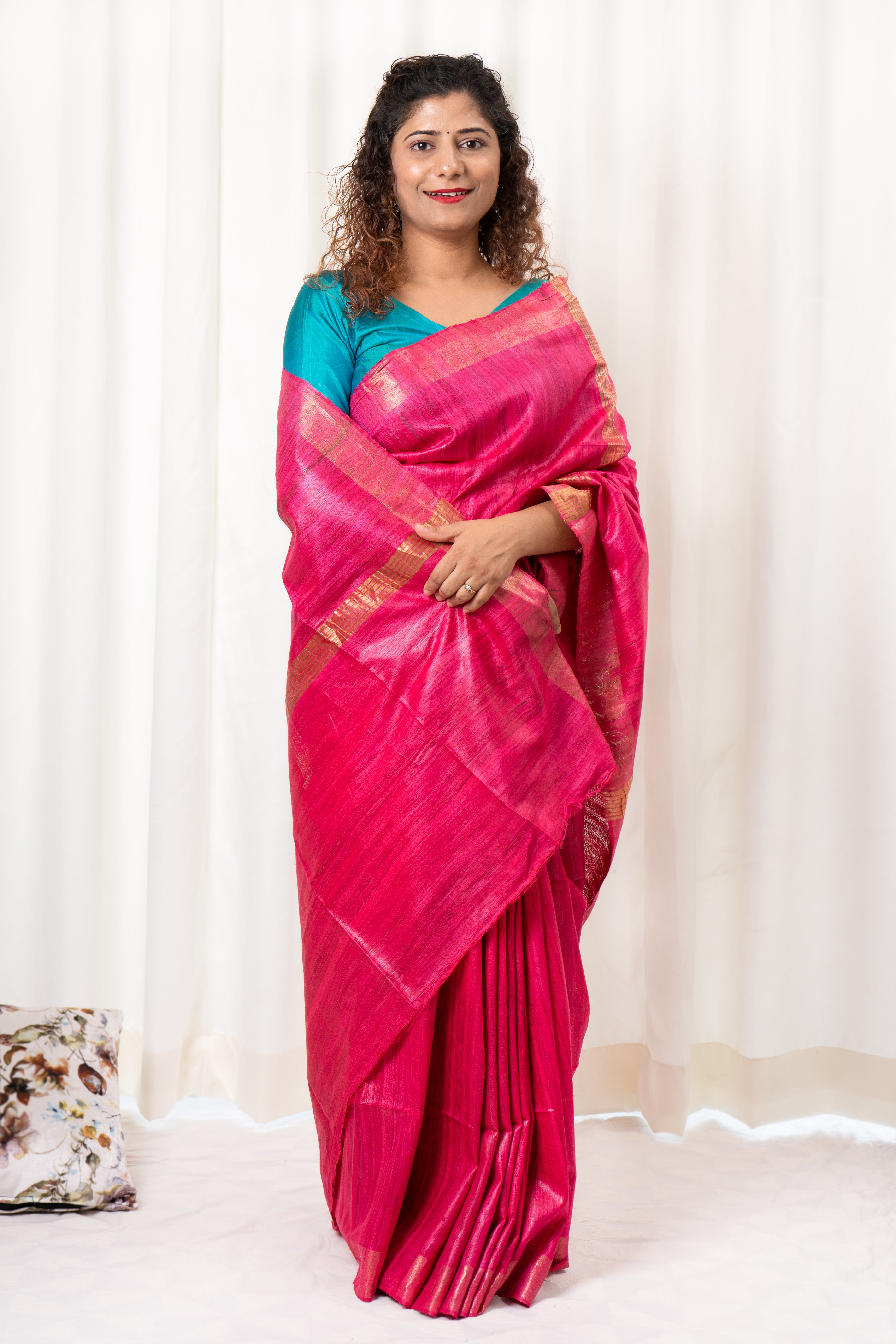 Pure Ghichha Tussar Silk With Zari Border- Fuchsia Pink