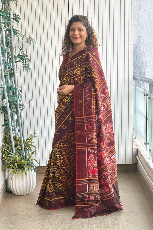 Exclusive Varnamala Odisha Ikkat Silk Saree - Dual Tone Coffee