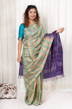 Load image into Gallery viewer, Handwoven Banana Pith Silk Saree- Striped Body Mint
