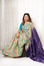 Load image into Gallery viewer, Handwoven Banana Pith Silk Saree- Striped Body Mint
