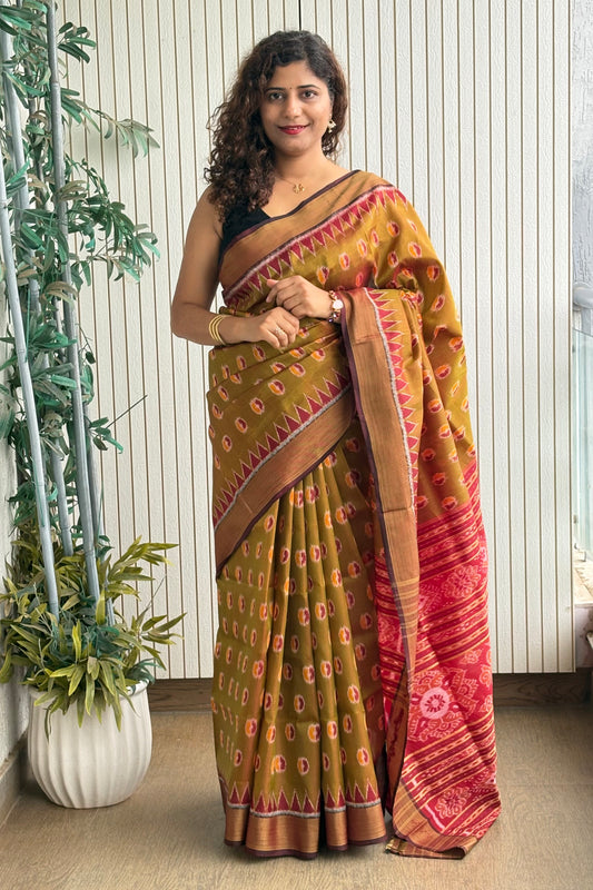 Odisha Ikkat Pure Khandua Silk Saree-Dual Shine Olive