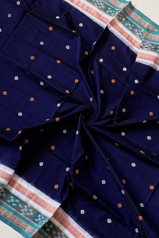 Sambalpuri Pure Cotton Saree - Navy & Sea Green