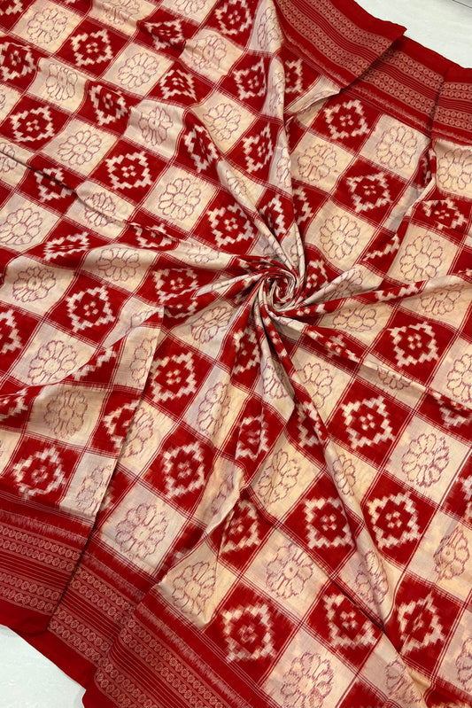 Exclusive Sambalpuri Pure Cotton Saree - Beige & Deep Orange