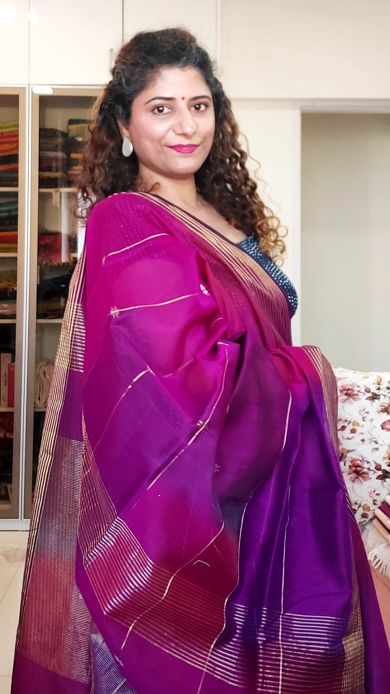 Maheshwari Silk Cotton Ombre Saree - Pink-Purple