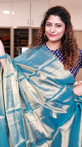 Pure Tissue Mulmul Handwoven Saree - Blue Gold