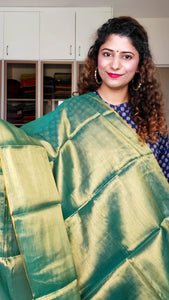 Pure Tissue Mulmul Handwoven Saree - Green Gold