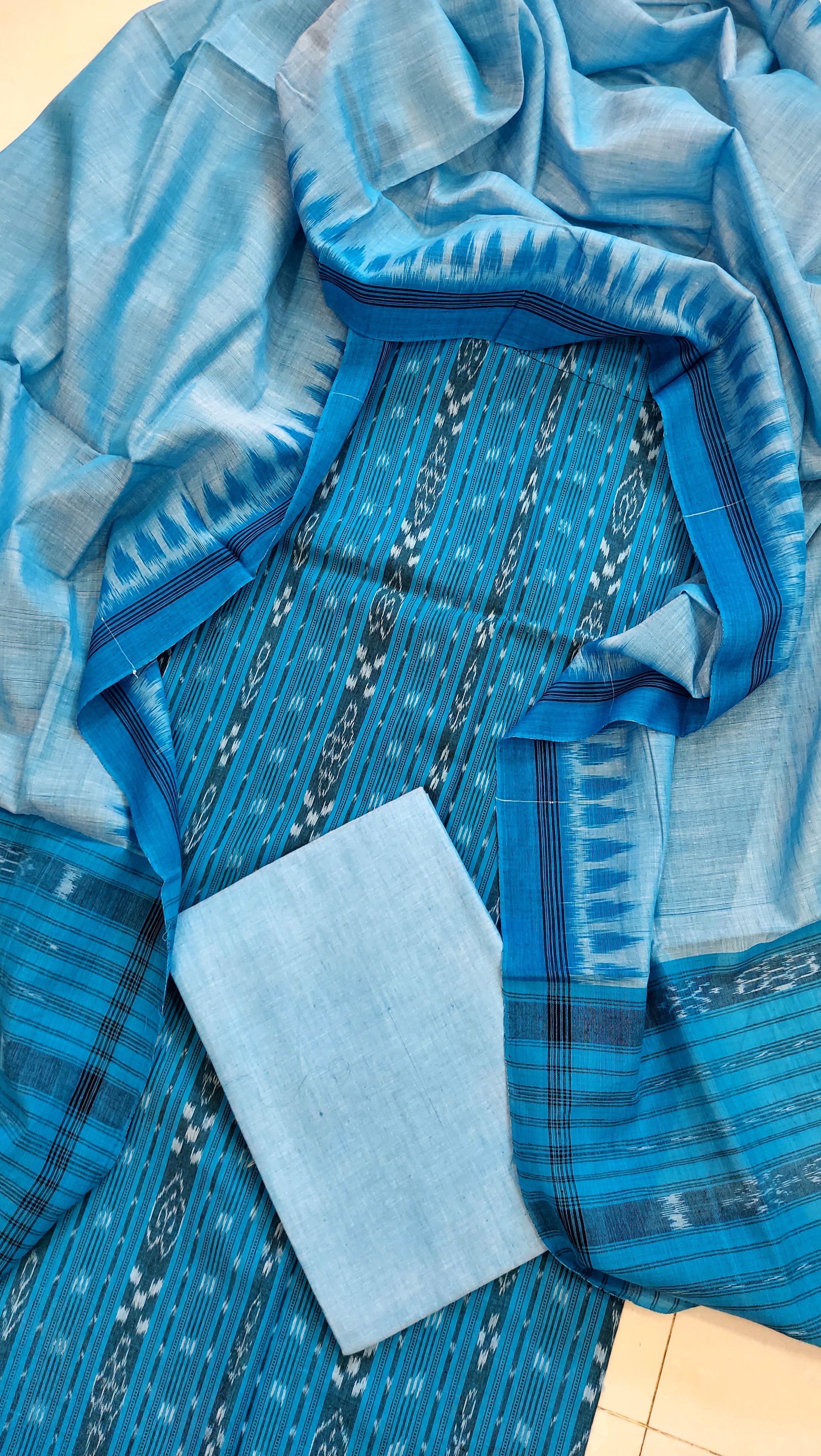 Pure Cotton Ikkat 3 Piece Dress Material-Blue