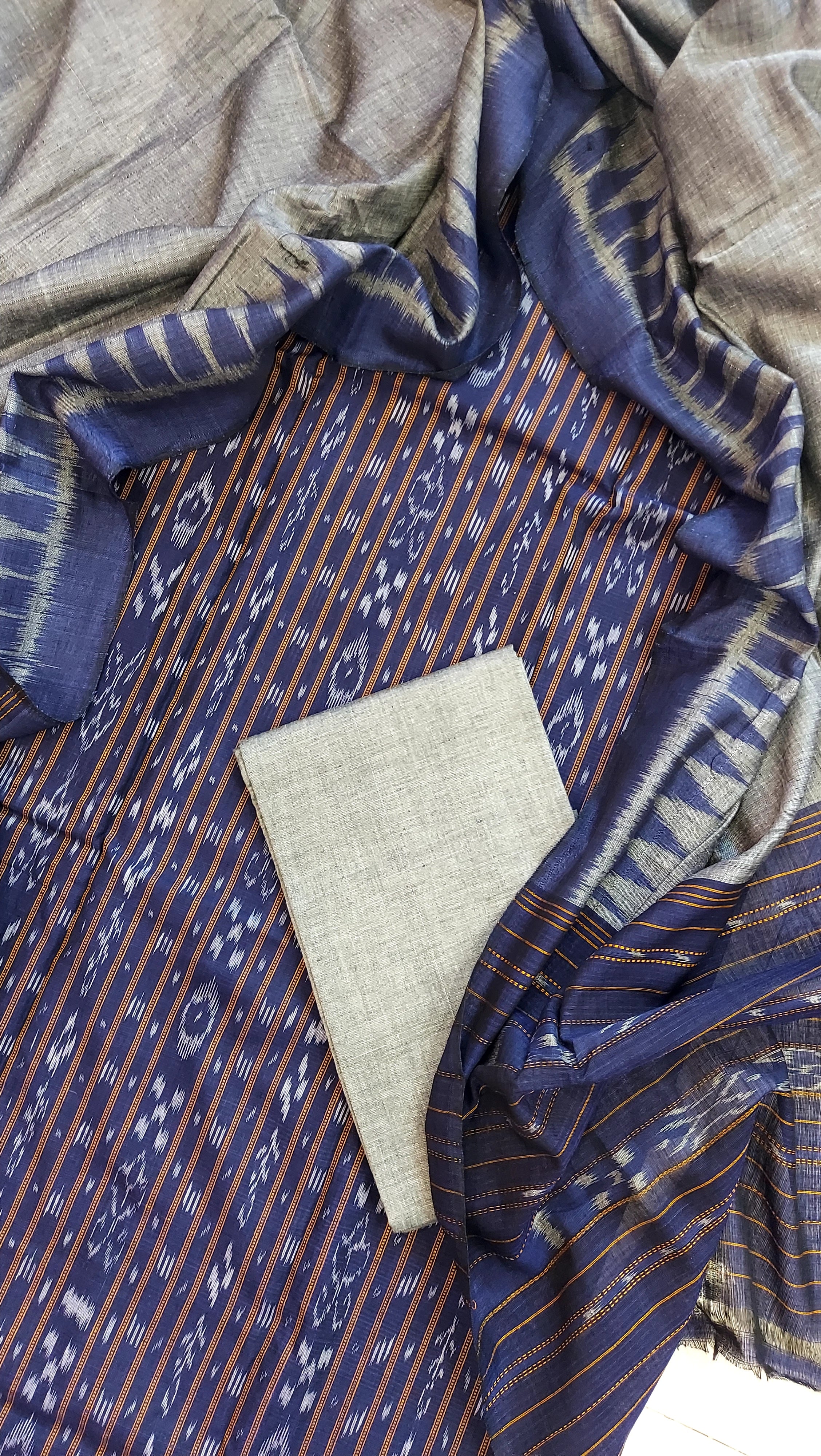 Pure Cotton Ikkat 3 Piece Dress Material-Navy Blue