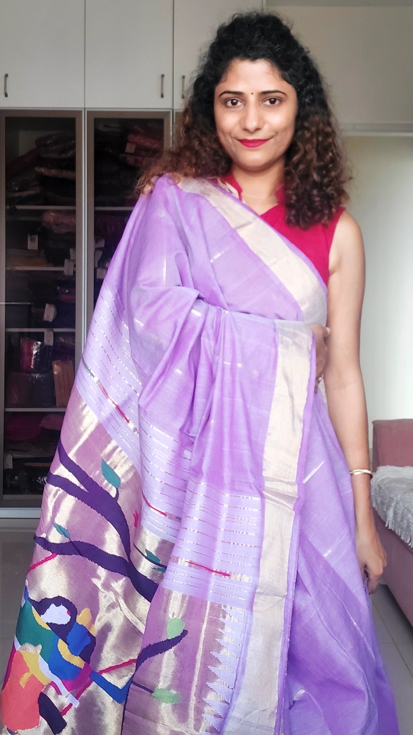 Cotton Paithani Saree With Radha Krishna Pallu- Light Purple
