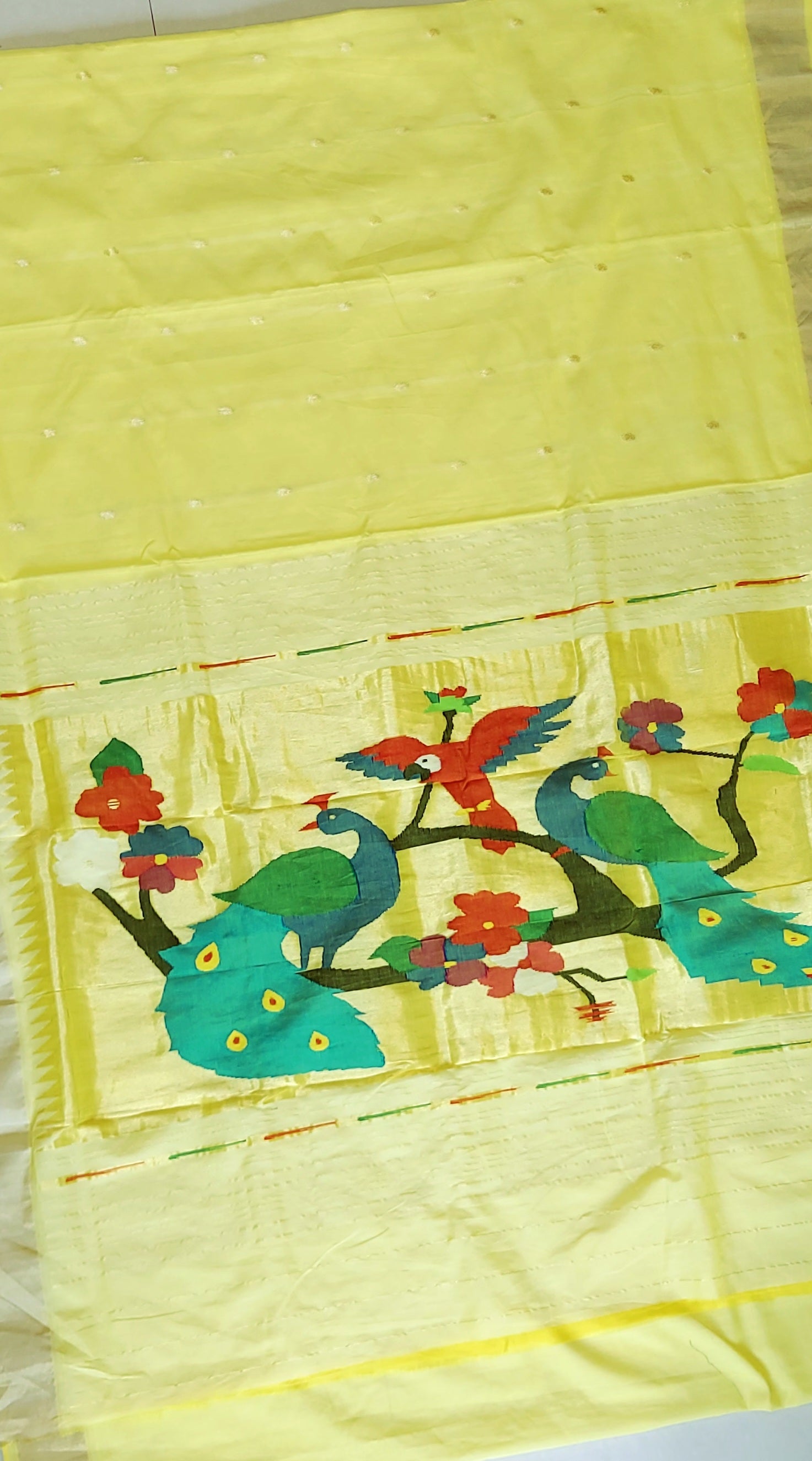 Cotton Paithani Saree With Peacock Parrot Pallu- Lime Yellow