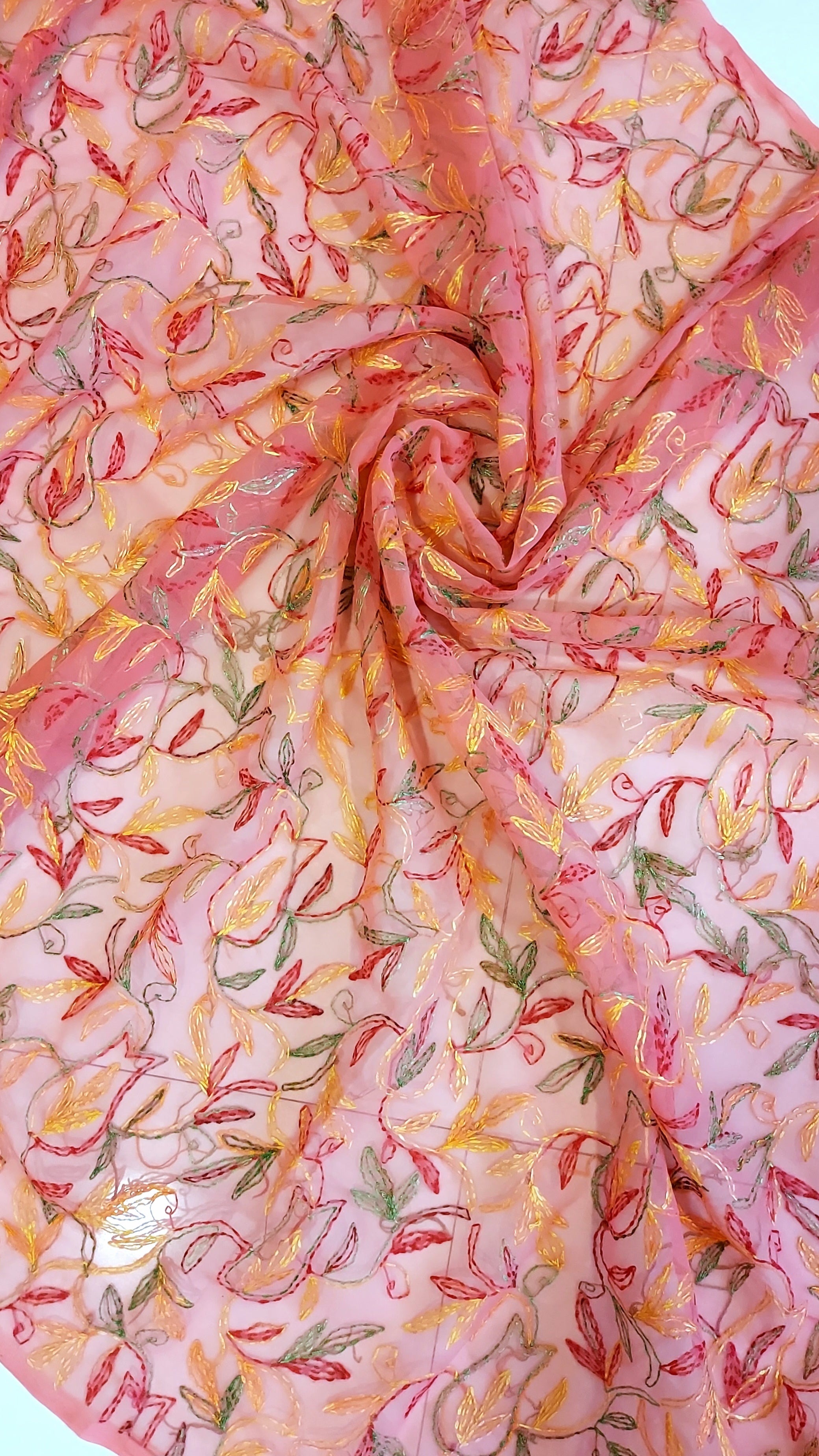 Multi Color Thread Tepchi Work Chikankaari - Coral Pink