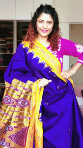 Bandha Border Khandua Ikkat Silk Saree - Purple Blue