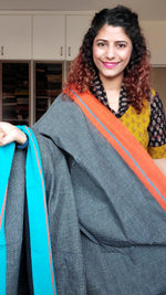 Load image into Gallery viewer, Black Patteda Anchu Cotton Saree With Ganga Jamuna Border-Orange-Blue
