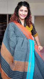 Black Patteda Anchu Cotton Saree With Ganga Jamuna Border-Orange-Blue
