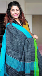 Load image into Gallery viewer, Black Patteda Anchu Cotton Saree With Ganga Jamuna Border- Blue Green
