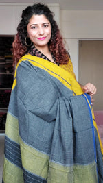 Load image into Gallery viewer, Black Patteda Anchu Cotton Saree With Ganga Jamuna Border- Navy Yellow
