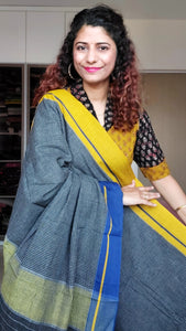 Black Patteda Anchu Cotton Saree With Ganga Jamuna Border- Navy Yellow