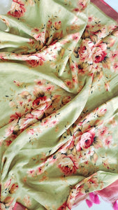 Pure Linen Floral Saree in Pista