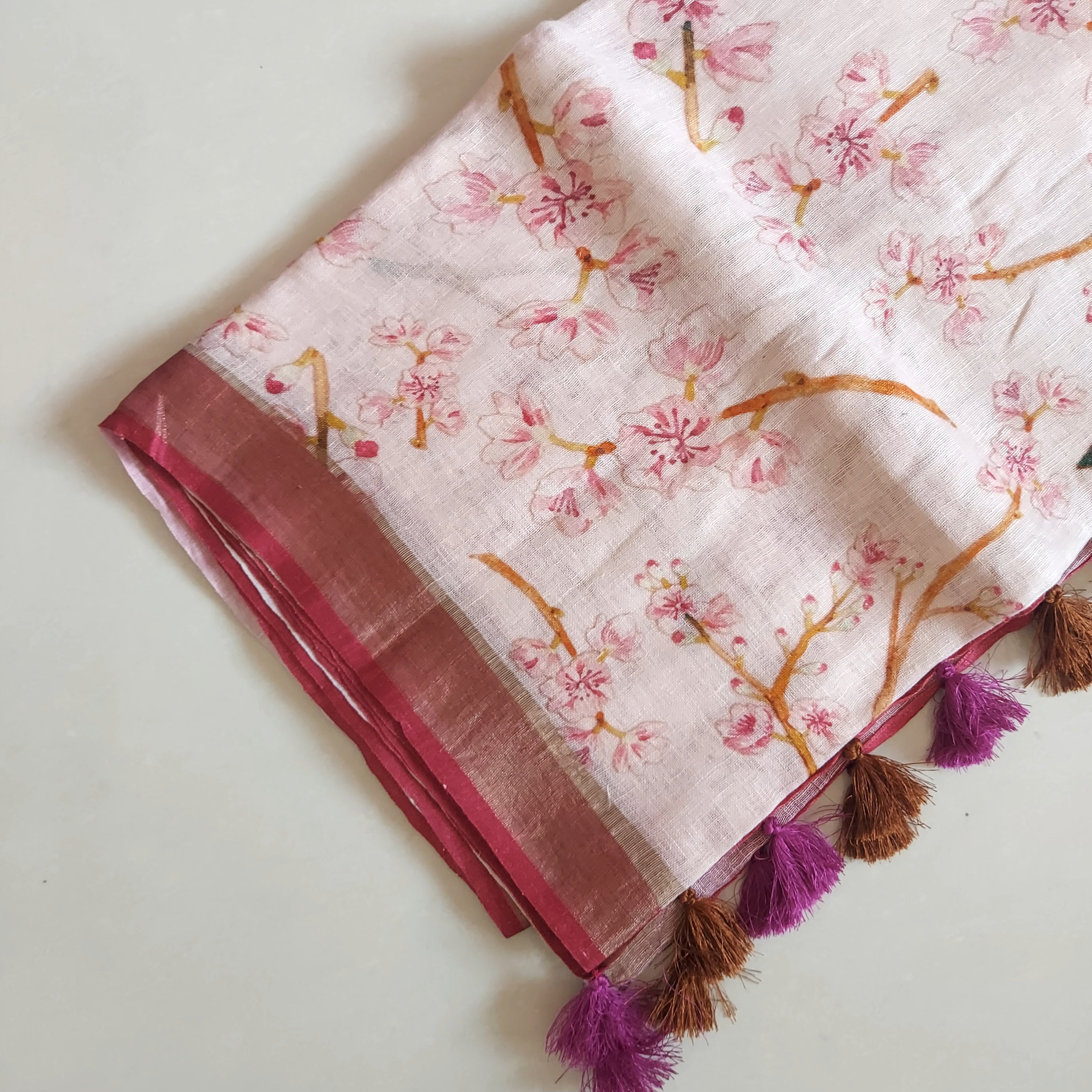 Pure Linen Floral Saree in Pink Ivory