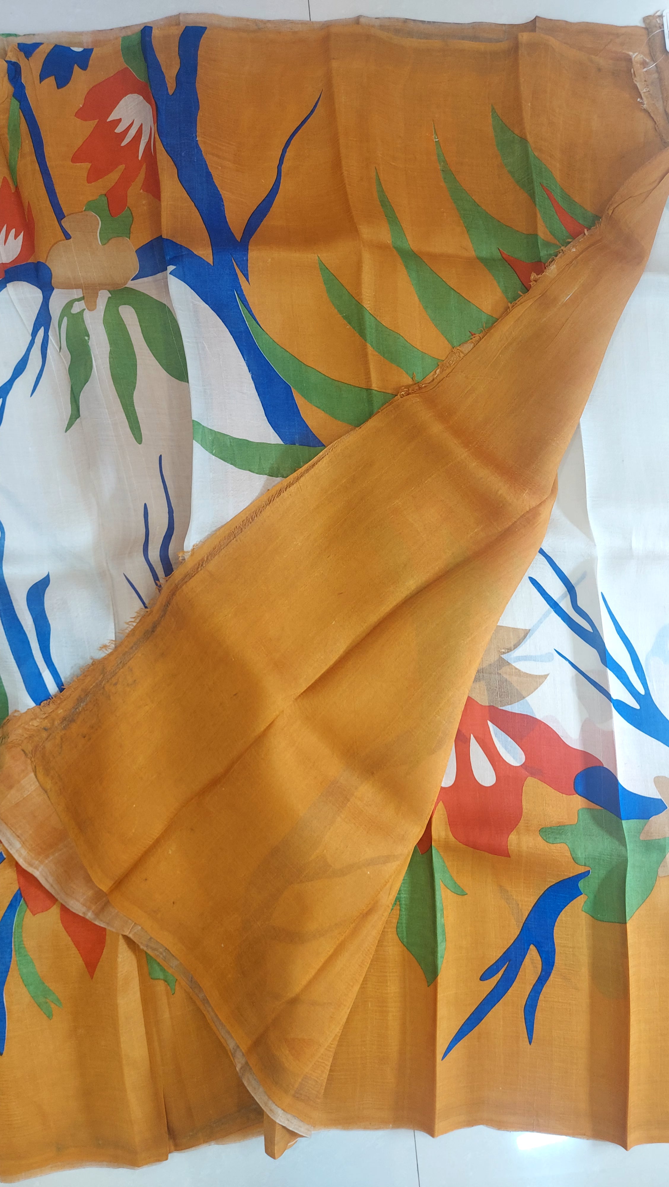 Murshidabad Pure Silk Sarees Hand block Print- Cream and Multi Color