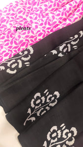 Murshidabad Pure Silk Sarees Hand block Print- Black Pink Patli Pallu