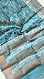 Load image into Gallery viewer, Pure Tussar Silk Saree Handblock Print- Steel Blue
