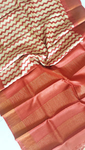 Pure Tussar Silk Saree Hand Block Print- Beige-Red
