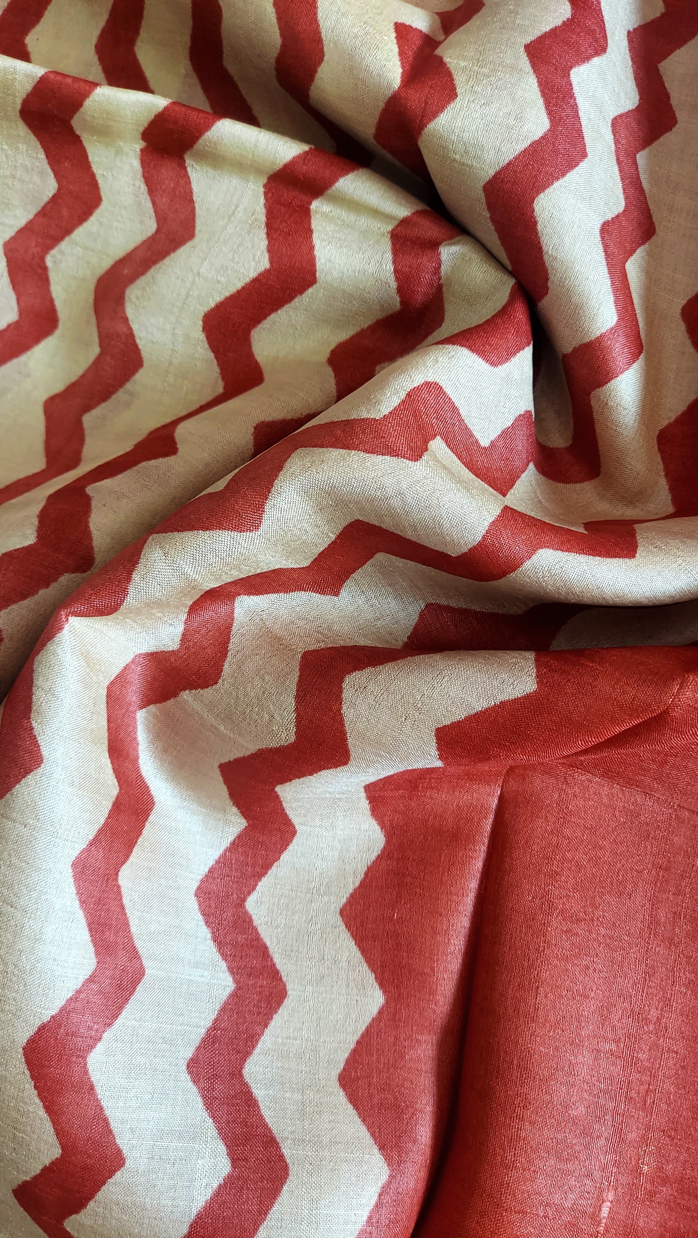 Pure Tussar Silk Saree Hand Block Print- Beige-Red