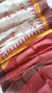 Pure Tussar Silk Saree Hand Block Print- Beige