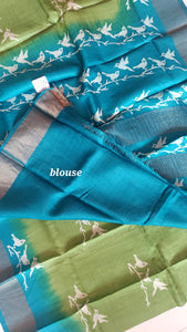 Pure Tussar Silk Saree Handblock Print- Green