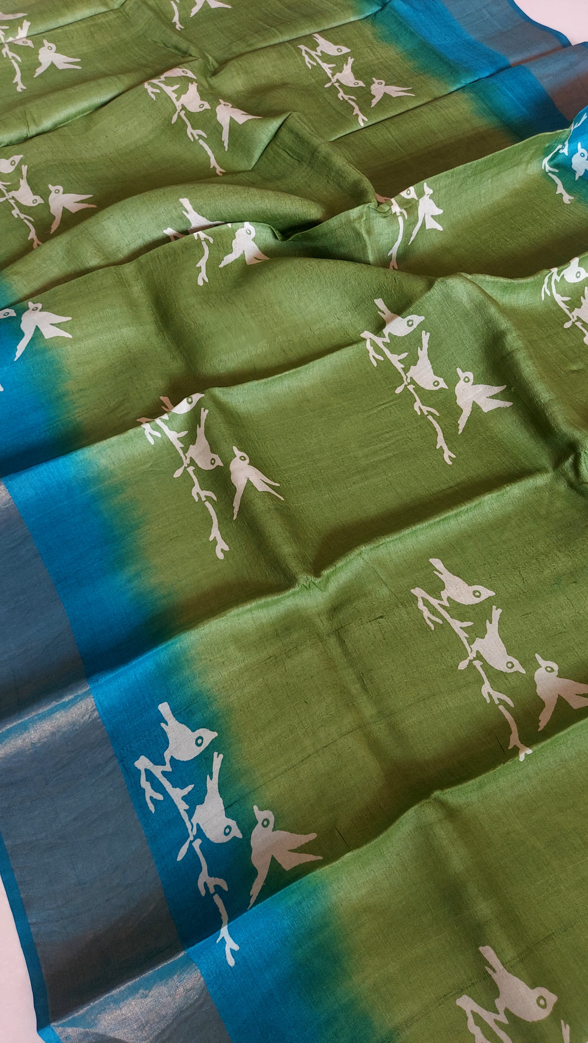 Pure Tussar Silk Saree Handblock Print- Green