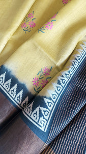 Pure Tussar Silk Saree Handblock Print - Mustard Yellow
