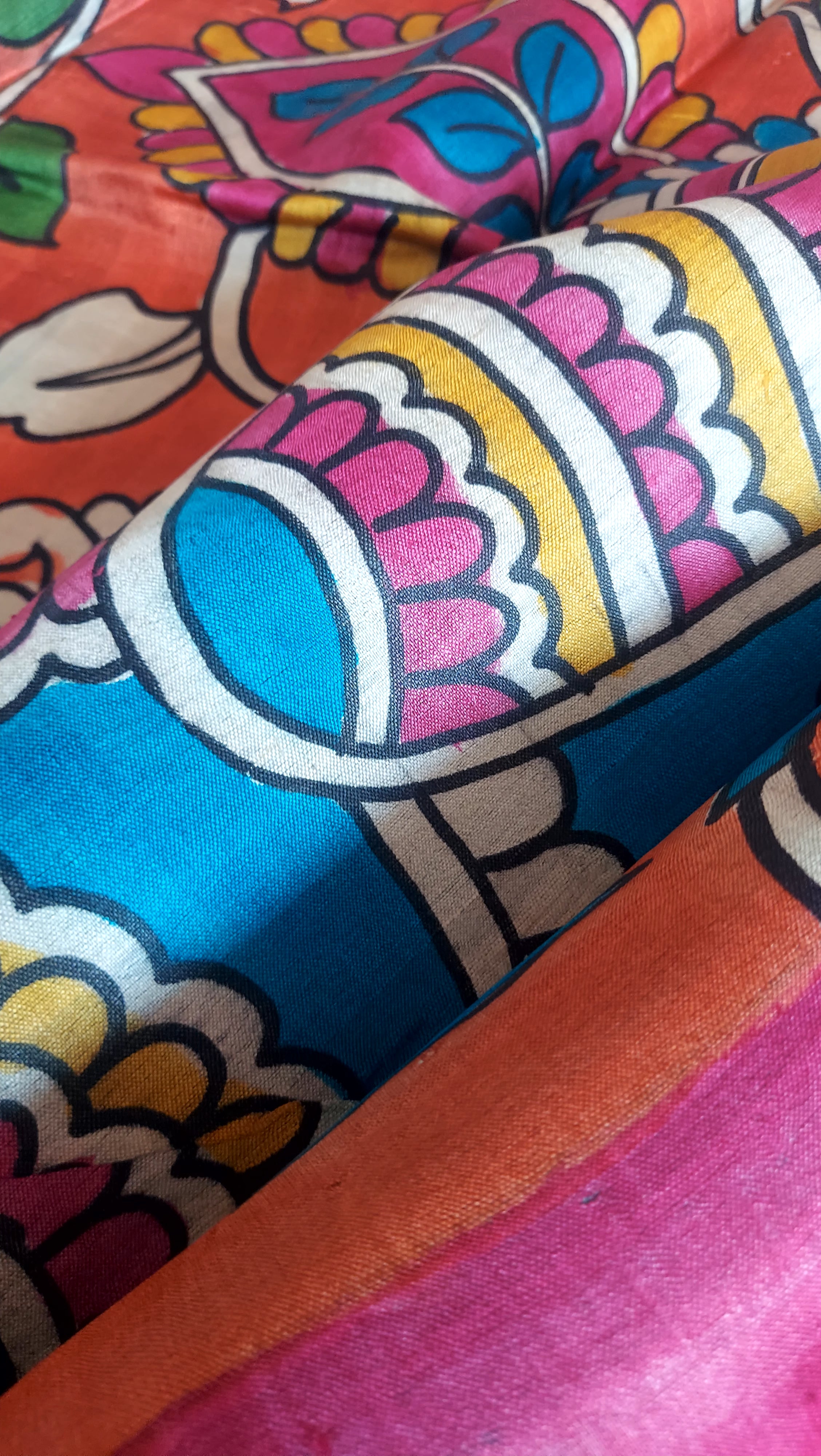 Pure Tussar Silk Saree With Hand Kalamkari- Multi Color