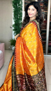 Odisha Ikkat Khandua Silk Saree - Mayura Chandrika- Golden Orange
