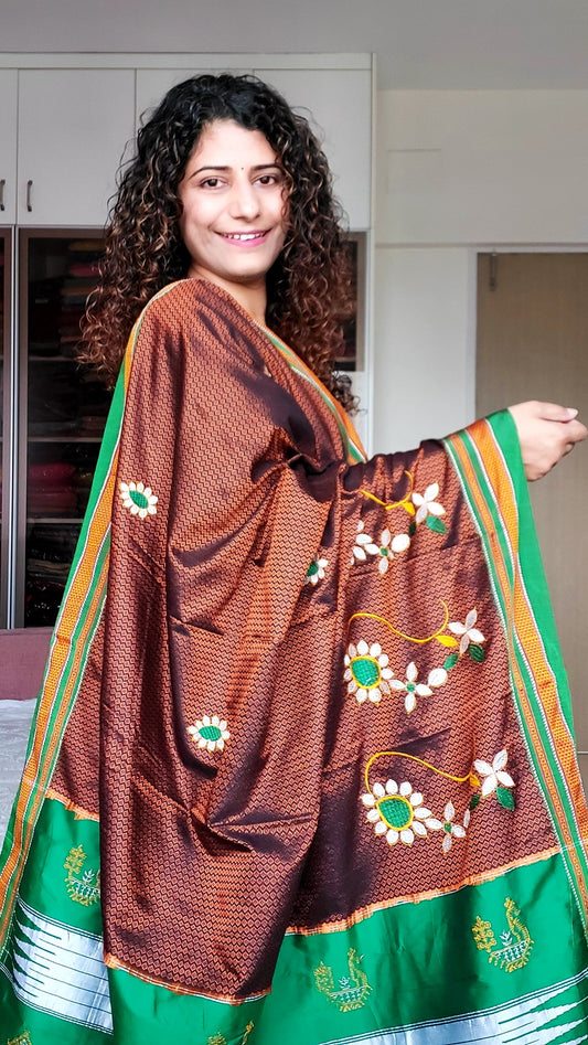 Nath Embroidery Traditional Green Border Khun Saree - Brown