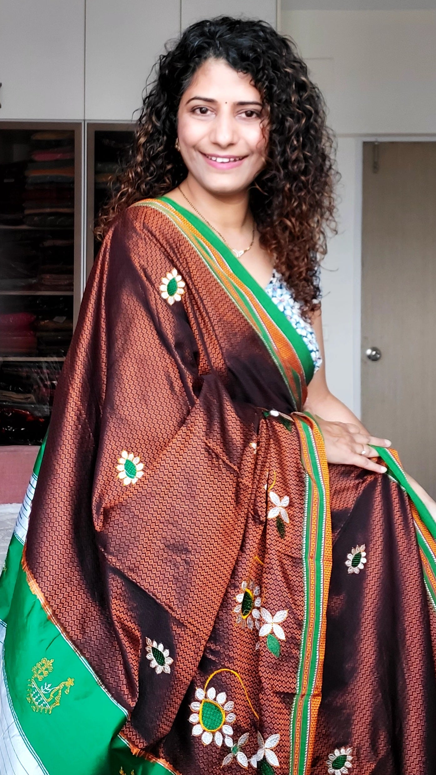 Nath Embroidery Traditional Green Border Khun Saree - Brown