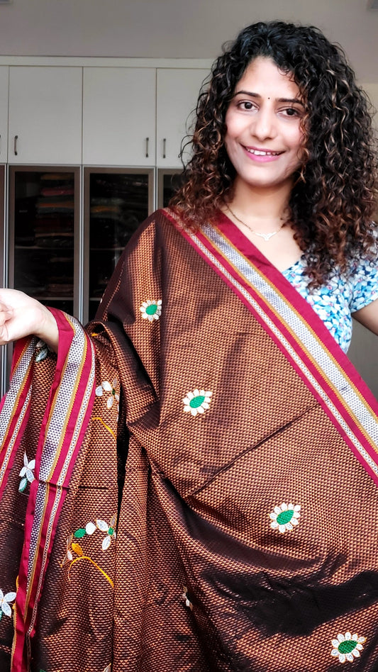Nath Embroidery Traditional Red Border Khun Saree - Brown