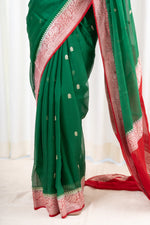 Load image into Gallery viewer, Handwoven Banarasi Khaddi Chiffon Saree- Green &amp; Red
