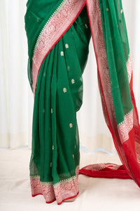 Handwoven Banarasi Khaddi Chiffon Saree- Green & Red