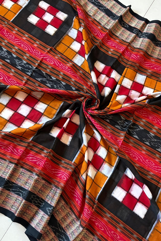 Sambalpuri Bichitrapuri Pure Cotton Saree: Black, Red & Orange