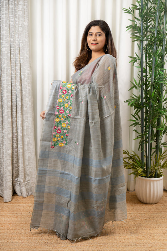 Embroidered Banswara Linen Silk Saree - Light Grey