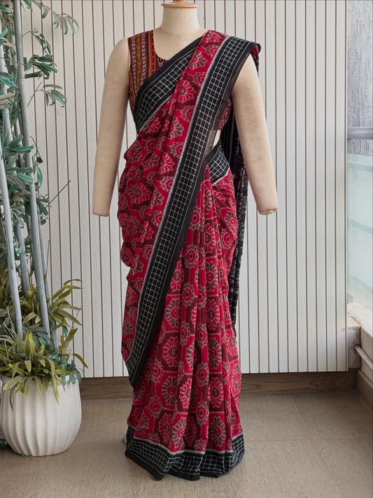 Exclusive Odisha Ikkat Khandua Cotton Saree - Red-Black