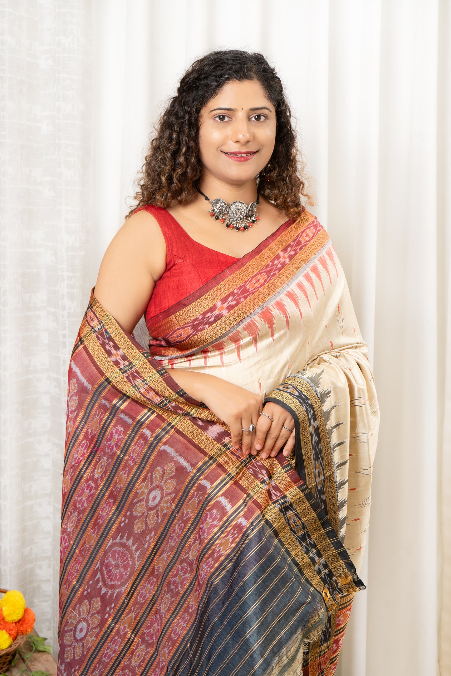 Odisha Ikkat Khandua Silk Saree - Mayura Chandrika- Sandy Beige