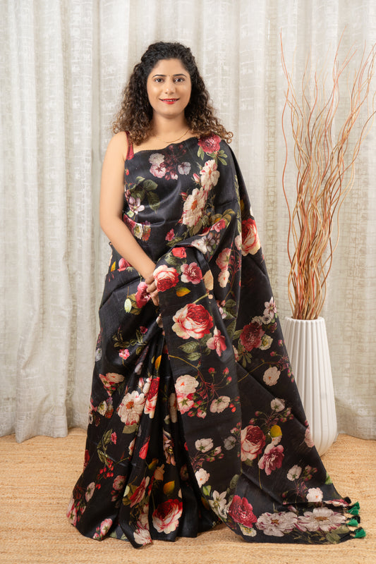 Pure Dupion Silk Saree With Digital Floral Print - Black