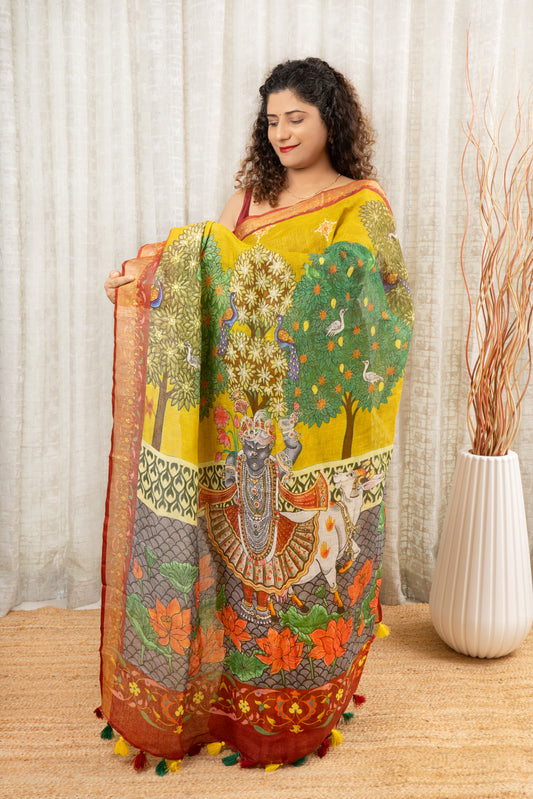 Pure Linen Saree With Digital Print- Lime Yellow